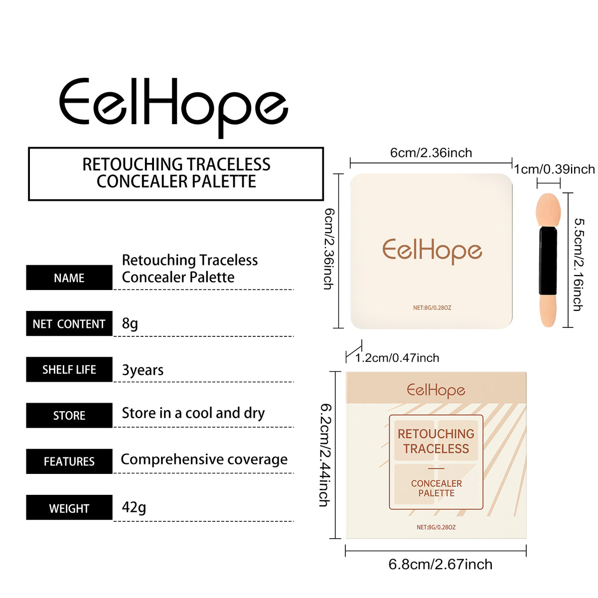 Concealer palette, fine powder, natural - Size and usage reference